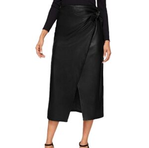 Elegant High Waist Knot Side Wrap PU Leather Midi Skirt NWT
